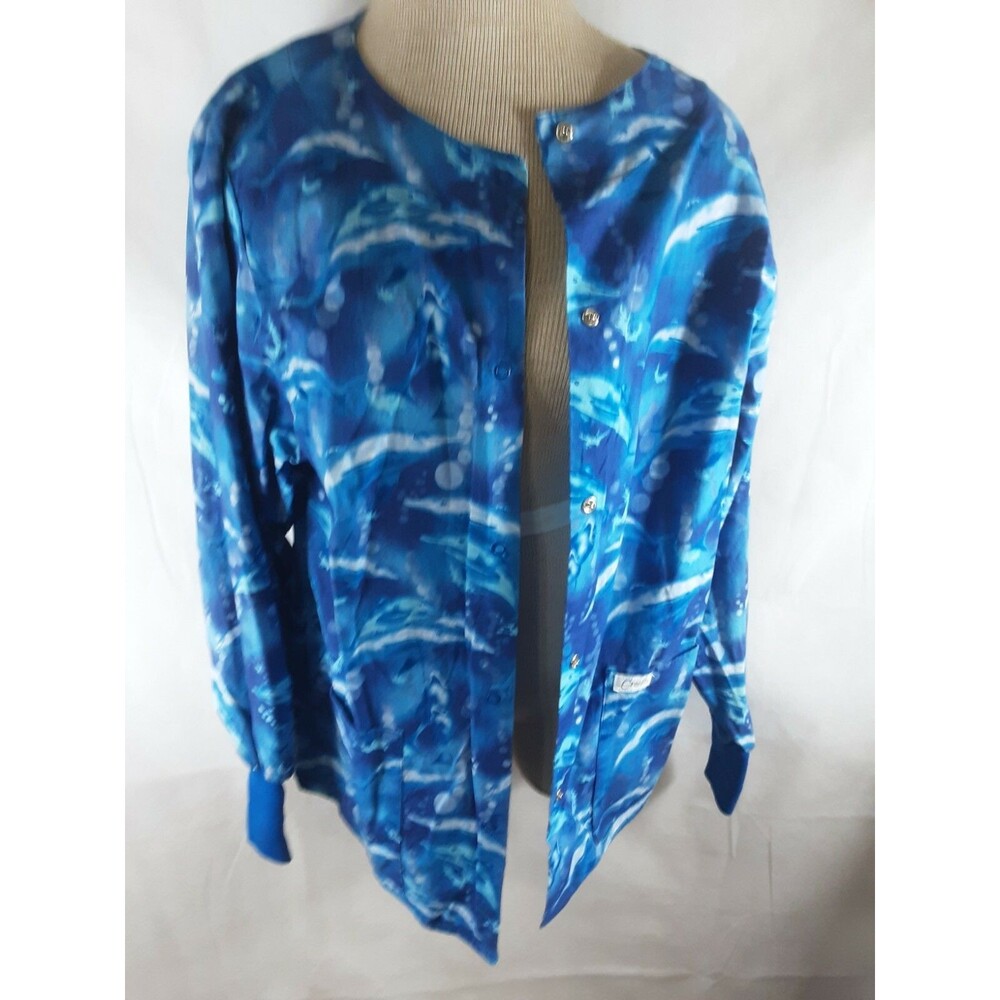 Crest Scrub Jacket Cotton Snap Closure Blue Dolpin Sea Long Sleeve Size Small